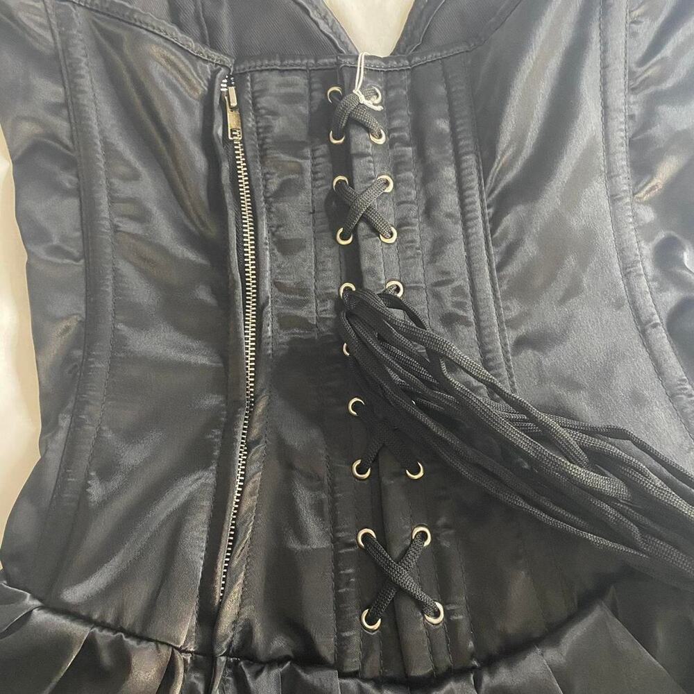 BNWT Black Corset Ruffle Dress sz L Adjustable Boned Satin Daisy Corsets - Picture 4 of 6
